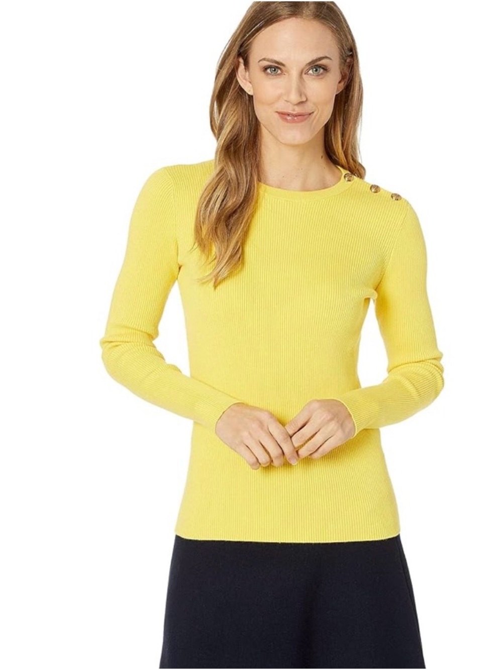 Lauren Ralph Lauren Bright Yellow Ribbed Button-Shoulder Sweater small NWOT